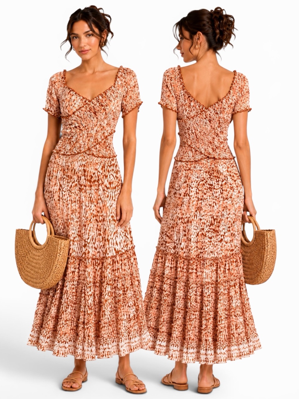 Poupette St Barth Smocked Tiered Viscose Maxi Dress XS Terracotta Cream Brown